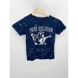 True Religion Shirt Boys 6 Navy Blue White Splatter Logo Graphic Short Sleeve